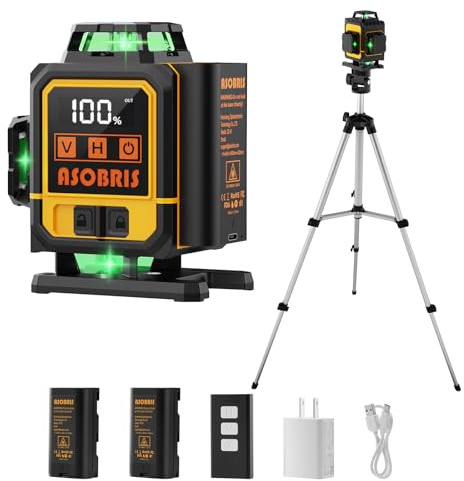 Kreuzlinienlaser mit Stativ,ASOBRIS 16 Linienlaser Selbstnivellierend Laser Wasserwaage mit 2x2400mAh Batterien,Fernbedienung&LED-Anzeige,4x360 Grad Nivellierlaser Laser Level kreuzlaser (Gelb)
