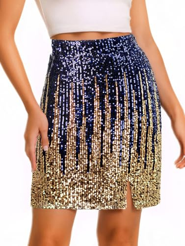 Paljettkjol glittrande hög midja stretchig bodycon minikjolar fest utekväll klubbkläder för kvinnor, Mörkblått guld, XL