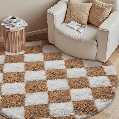 HUGEAR Rund matta 150 cm brun vit modern | Mjuk, halkfri, pläd, lång lugg, rum, ungdom, sängfot, sovrum, matsal, vardagsrum, kök