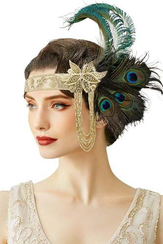 BABEYOND Coiffe Gatsby le Magnifique des années 1920 - Bandeau à plumes avec franges dorées pour carnaval, bal et mariage - Vert