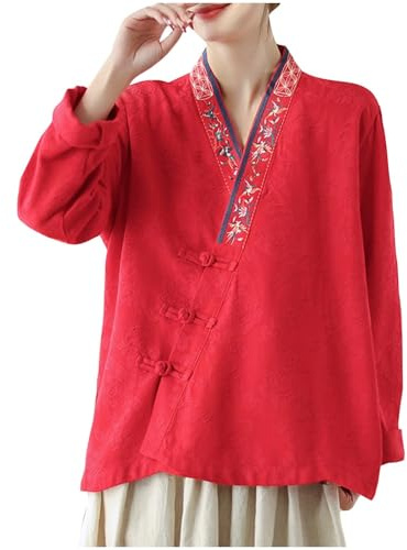 Broderie Qipao Chemises Femme Élégant Manches Longues Col mandarine Décontracté Grenouille Boutons Oriental Chinois Cheongsam Top Vêtements Traditionnels Costumes Chinois Chemisier pour Femmes, O