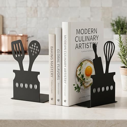 Xygobla 2 Pcs Heavy Duty Metal Bookends Black | Decorative Non Slip Holder Creative Kitchenware Bookends Support Stand to Hold Heavy Books Study School Office