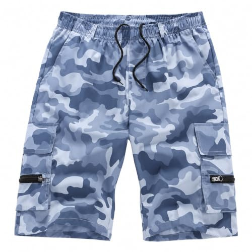 YOUTHUP Shorts Cargo Hombre Verano Pantalón Corto Deportivo Elástico Transpirable 4 Bolsillos Multifunción, Azul Camuflaje, L
