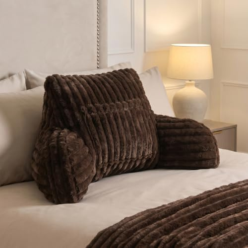 OHS Cuddle Cushion, Ribbed Faux Fur Reading Pillow Heatable Pocket - Coffee | Stylish Back Support Cushion with Arms Soft Cosy Gaming Cushion Relaxing Comfy Working from Home Sit Up in Bed Pillow
