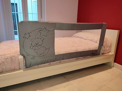 Bettgitter für Kinderbett, 180 x 66 cm, Modell: Teddy und Mond in Grau, Sicherheitsgitter, SGS-Qualitätssiegel