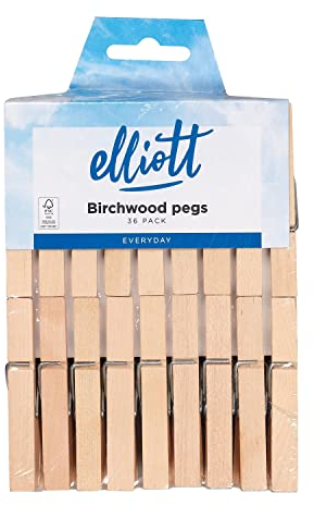 Elliott Lot de 36 pinces à linge en bois dur FSC à forte adhérence pour corde à linge, cheval et loisirs créatifs, sans plastique et 100% recyclables, pour tous les types de linge
