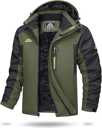 TACVASEN Fleece Jackets Mens Fleece Softshell Jacket Working Travel Waterproof Jacket Walking Cold Ski Skiing Coat Hoody Winter Windbreaker, Army Green, XL