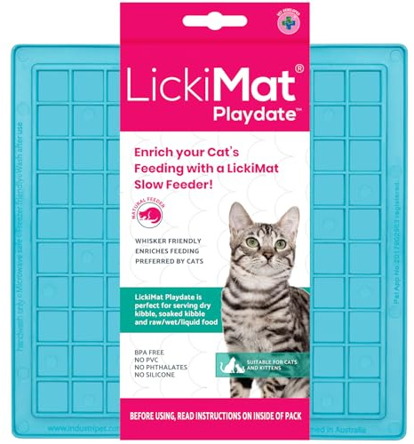 LICKIMAT Classic Playdate Cat Slow Feeders Lick Mat, Boredom Anxiety Reducer; Perfect for Food, Treats, Yogurt, or Peanut Butter. Fun Alternative to a Slow Feed Cat Bowl or Dish, Turquoise