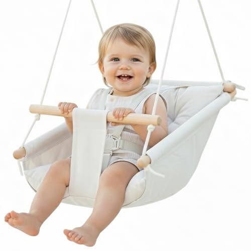 Cateam - Amaca in tela per bambini, altalena sospesa, in legno, con cintura di sicurezza e parti di montaggio, per il compleanno (Avorio)