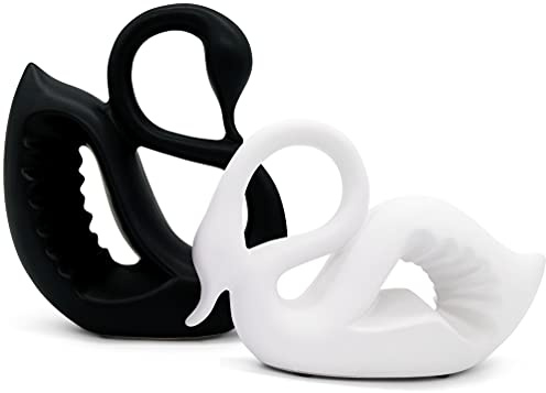 Coppia di cigni armonici in ceramica di colore bianco e nero – Scultura moderna come decorazioni ceramica animali – statuetta decorativa fortuna & armonia come regalo
