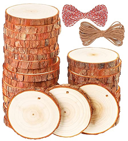 Natural Wood Slices - 30 Pcs 3.1-3.5 Inches Craft Unfinished Wood kit, Predrilled with Hole Thickened Wooden Circles with Bark for Christmas Ornaments, DIY Crafts