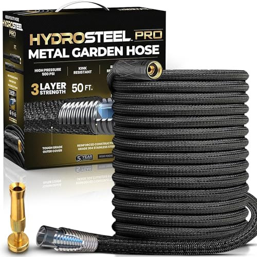 EMSON Hydrosteel Pro 50 Ft 3x Layer Metal Garden Hose with Nozzle, Stainless Steel, Heavy Duty, Flexible, Lightweight, Crush Kink Resistant, 50 Ft Garden Hose, 500 PSI