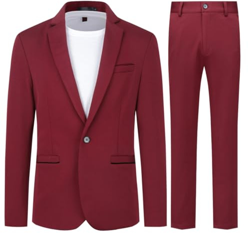 Allthemen Traje de Hombre de 2 Piezas Traje Ajustado Traje de Boda de Negocios con un botón Vino Tinto M