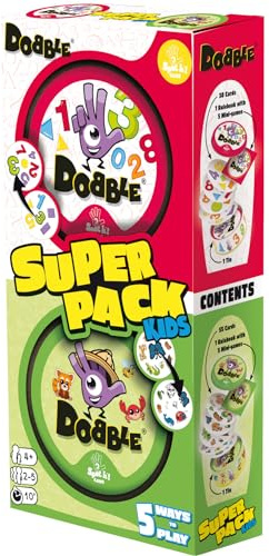 Asmodee | Dobble Super Pack Kids (123 + Animals) | Fun Family Card Game | Fast-Paced Observation Game | 15 Min Playtime | 2-8 Players | Ages 6 and up | Tin Box & 55 Cards