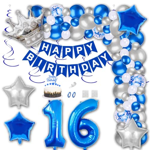 Aabellay 16th Birthday Party Decorations Blue Happy Birthday Banner Latex Confetti Balloons Number 16 Foil Balloon Silver Crown Star Mylar Balloon Cake Topper for Men Women Anniversary Party Supplies