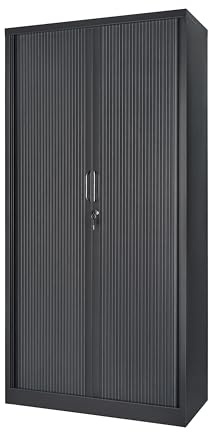 POLLOR Tambour Storage Cabinets, Lockable Steel Office Cupboard Rolling Sliding Door, 50kg Load Capacity Per Shelf (Black, 185cm)