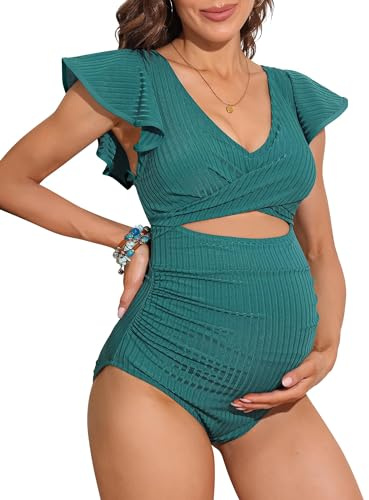 Charmo Women Pregnancy One Piece Swimsuit Ribbed Cut Out Maternity Bathing Suit Back Bow Knot Pregnancy Swimwear Green XL