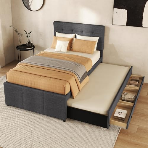 Cama tapizada, cama familiar, cama de matrimonio con tres cajones, cama extraíble, cabecero ajustable, gris, 90 x 200 cm (90 x 190 cm) (gris)