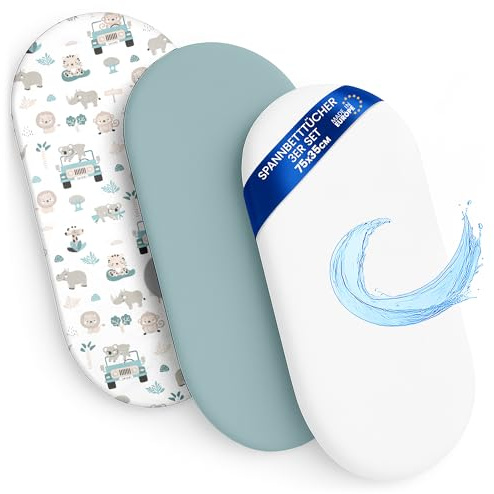 Lenzuola con angoli per passeggino Set di 3: 35x75 cm - 2 lenzuola + 1 coprimaterasso impermeabile - Accessori per lettino per culla co-sleeping carrozzina 35 x 75