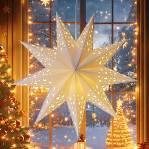 KUWUNG Origami 3D Stella di Natale Luminosa LED da Appendere, 60CM Lanterna Natalizia Carta Origami, Paper Star, Stelle di Natale Decorazioni Natalizie, Decorazione per Finestra per Natale, Matrimon