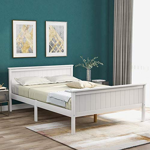 Merax Double Bed Wooden Frame, Solid Wood Bed Frame, Wooden Bed Frame with Low End Footboard, Pine Wood Bed for Kids Bedroom, White/135x190cm(No Mattress)