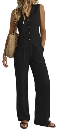 Conjuntos de 2 piezas de lino para mujer, conjuntos de traje con chaleco de verano y pantalones de pierna ancha, para negocios, casual, vacaciones, trabajo, Negro, Large