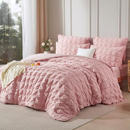 Luofanfei Biancheria da letto in seersucker, 200 x 220 cm, rosa, estate, fresca, motivo a righe, traspirante, leggera, copripiumino singolo e federe 80 x 80 cm, con chiusura lampo