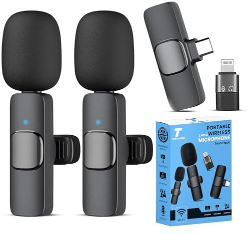 Tech forge 2 x Wireless Microphones For Iphone, Android, Ipad Wireless Mic With Noise Redcution & Crystal Clear Sound | Clip on Microphone Perfect For Video Recording, Vlogging, Youtube, Tik Tok