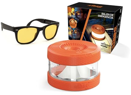 FASE - Baliza v16 Homologada DGT - Incluye Gafas de Conducción Nocturna - APP Incluida - Luz de Emergencia con Geolocalizador - Proporciona Geolocalización a la DGT - Color Naranja