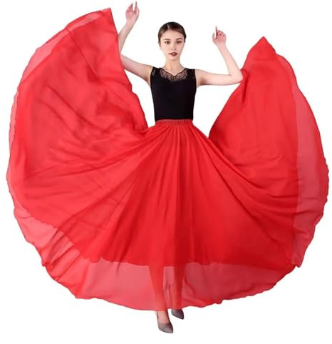 Lång dansövningskjol, Dam Swing Dance Kjol Flerskiktad Gasväv Chiffong Enfärgad Balett Lång Flerfärgad(Red 90 Cm)