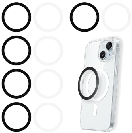 AEUXZA 10 Pezzi Anelli Metallici Adesivi, Alta Aderenza, Compatibili con Sistema MagSafe e Supporto Magnetico Auto, Piastre per Smartphone e Custodie, Nero/Bianco