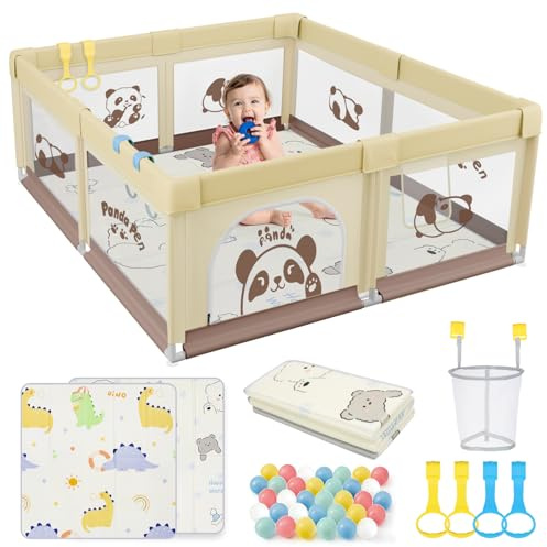 SPYLAVE Parque infantil para bebé con alfombra de juegos, parque infantil para bebés y niños pequeños con colchón, parque infantil estable y seguro (panda, beige-panda, 120 x 120 cm)