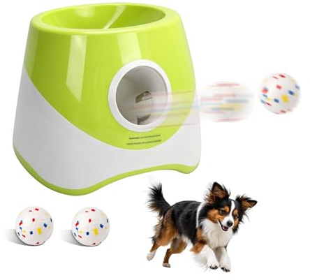 cimsfcor Automatic Dog Ball Launcher, Rechargeable Interactive Pet Fetch Toy, Remote Control Small Dog Tennis Ball Thrower, 3 Firing Distance Modes, 3 ETPU Tennis, 5-6H Battery, Max 15M Distance