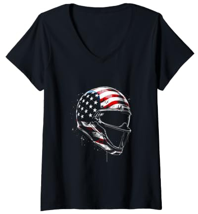 Femme Casque de Football avec Drapeau américain T-Shirt avec Col en V