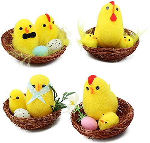 com-four® 4x Nidi di Pasqua con gallina e pulcino - decorazione di Pasqua - mini nido di uccello - decorazioni pasquali con pulcino e uova di Pasqua (04 pezzi - nido con gallina + pulcino)