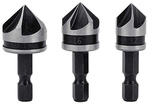 Gasea 3pcs 1/4 Inch Hex Shank 5 Flute 90 Degree Chamfering Countersink Drill Bit Set 12mm 16mm 19mm