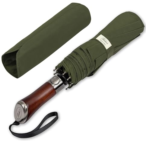 Balios (Designed in UK) Travel Folding Umbrella Lux Hardwood Handle Auto Open & Close Windproof Single Canopy (Olive Green)