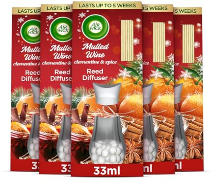 Air Wick Essential Oils Reed Diffuser Air Freshener Mulled Wine Scent, 5 Bottles X 30 ml
