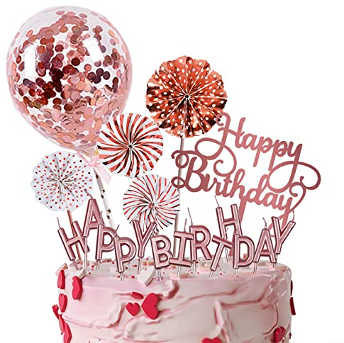 IEALODS Rose Gold Cake Topper Decorations with Happy Birthday Candles, Acrylic Birthday Cake Topper, Confetti Balloon and Paper Fans for Rose Gold Theme Birthday Party Décor