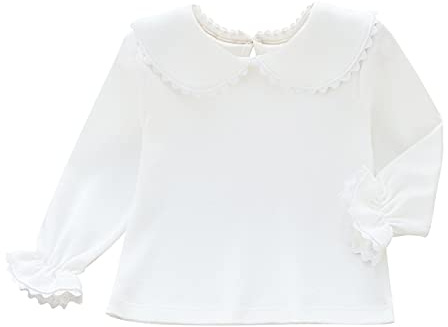 Maglietta a maniche lunghe per bambini, ragazzi e ragazze, in cotone, con colletto Peter Pan, con chiusura a bottone, morbida e traspirante, per bambini da 0 a 2 anni, tinta unita, bianco, 86/92 cm