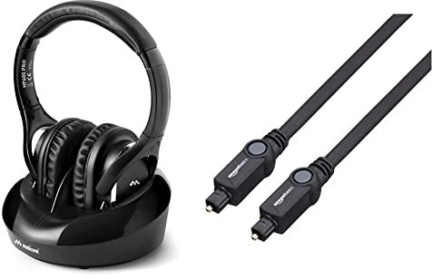 Meliconi HP600 Pro Cuffia TV Wireless Universale, Con base di ricarica ed ingresso audio analogico e digitale, Nero & Amazon Basics Cavo audio ottico digitale Toslink, 1 m