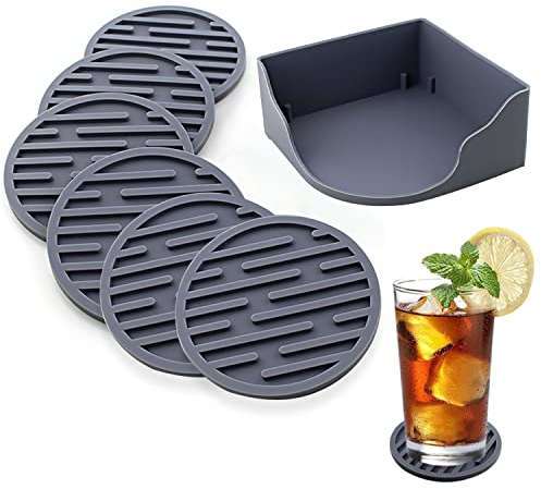 WUBAYI 6pcs Silicone Coasters, Drink Coasters with Holder, Thickened Drainable Suitable for Cold & Hot Drinks, Home, Bar, Office, Non-Stick, Easy to Clean (Grey)
