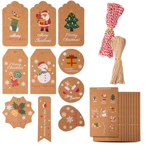 ZYDYRX 100 piezas Etiquetas Regalo Navidad Colgantes 4 Formas Papel Kraft Marrón con Cuerda Color Cordón de Yute para Decoración Navideña Manualidades D