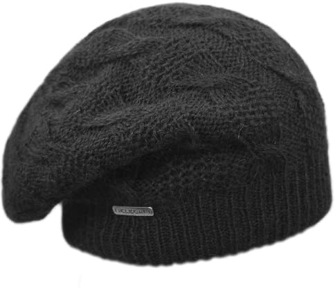 Melegari Berretto di Maglia Lungo e Ampio | Lana e Angora | Lavorazione a trecce | Donna/Ragazza | Long Beanie Hat | Pavia (Nero)