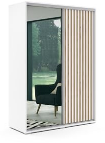 BM-Möbel Kleiderschrank mit Spiegel und Schiebetüren - mit Einlegeböden und Kleiderstange - für Garderobe, Schlafzimmer - Modern - mit Lamellen - Weiß und Eiche-Imitat - 150 cm B, 215 cm H