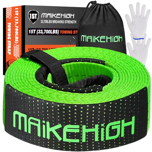 MAIKEHIGH Cinghia di Traino, 15T (33700Lbs) 6Mx7,6cm Robusto Funi Traino Recupero con 2 Guanti per Auto Fuoristrada 4x4 (Verde)