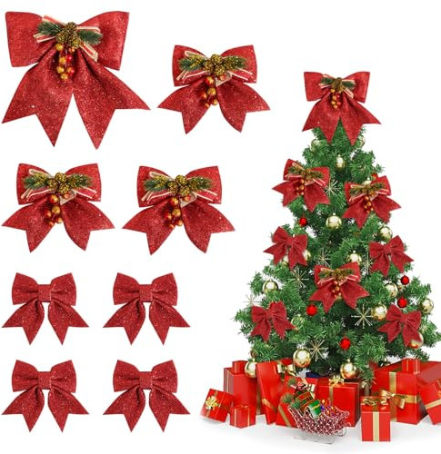 BOFUNX 8pcs Fiocchi Natalizi Glitterati Fiocchi per Albero di Natale Fiocchi Decorativi di Natale Fiocchetti Paillettes Natale Fiocco Regalo Decorazioni Natalizie DIY