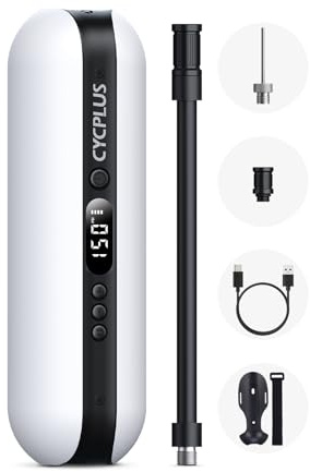 CYCPLUS Luftpumpe 150PSI Elektrischer Kompressor Tragbar Fahrradpumpe Mini Reifenpumpe mit Digital LED Anzeige LED Licht Wiederaufladbarer Li-ionen für alle Fahrräder Motorräder und Autos