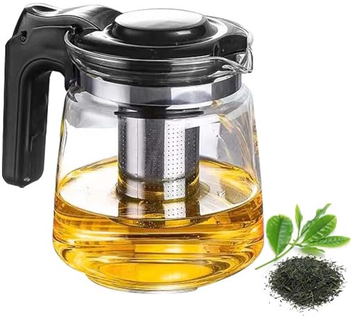 Jarra de cristal con colador, 1,6 litros, tetera premium Gla resistente al calor, jarra de cristal con tapa, tetera con colador de acero inoxidable, filtro de malla fina, tetera con tapa, colador no