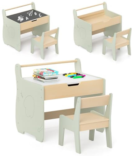 COSTWAY Kindertisch mit Stuhl, 3 in 1 Kindersitzgruppe aus Holz mit wendbarer & abnembarer Tischplatte, Kinder Maltisch mit Stauraum & Papierrollenhalter, Sitzgruppe für Kinder ab 3 Jahren